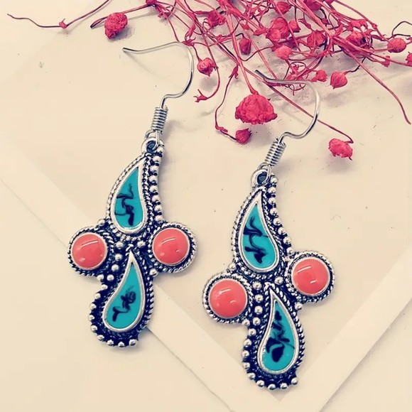boutique Jewelry - Coral and Turquoise Eclectic Water Drop Earrings